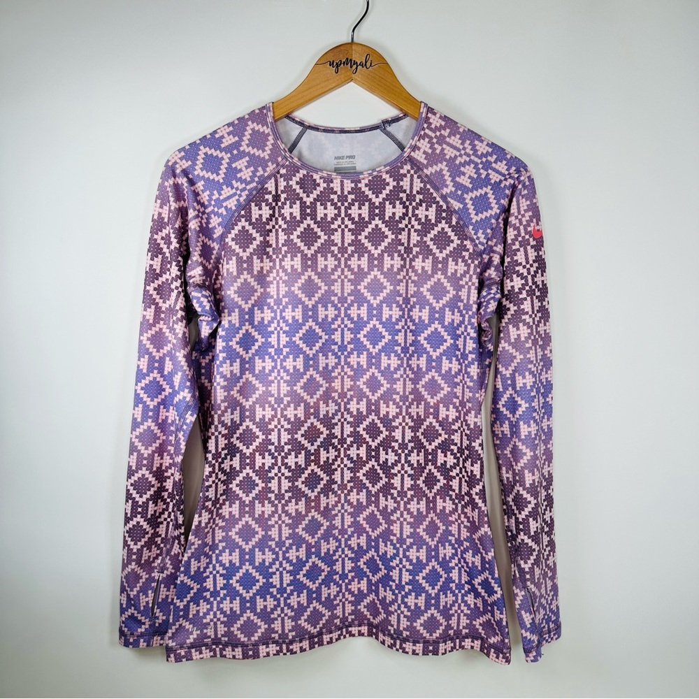 Nike Pro Ombre Geometric Long Sleeve Athletic Outdoor Top Purple Size Large